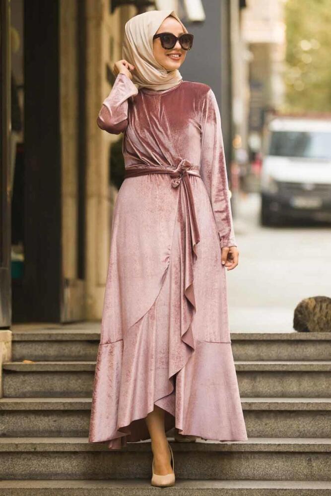 Neva Style - Çapraz Model Pudra Tesettür Kadife Elbise 50521PD - 1