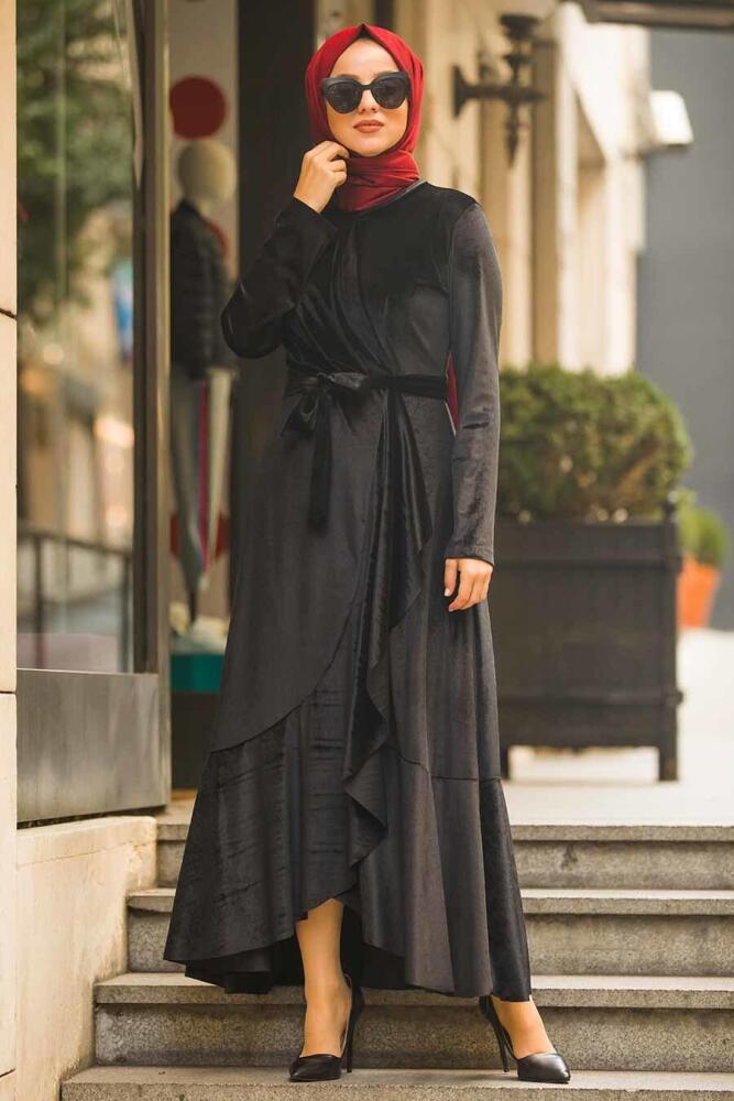 Neva Style - Çapraz Model Siyah Tesettür Kadife Elbise 50521S - 1