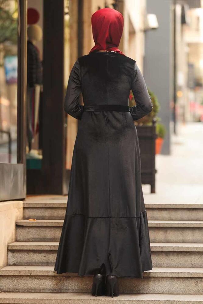 Neva Style - Çapraz Model Siyah Tesettür Kadife Elbise 50521S - 2