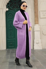 Neva Style - Cardigan en maille hijab lilas 4182LILA - Thumbnail