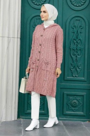 Neva Style - Cardigan en maille hijab rose séchée 70020GK - Thumbnail