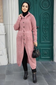 Neva Style - Cardigan en maille hijab rose séchée 70170GK - Thumbnail