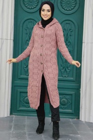 Neva Style - Cardigan en maille hijab rose séchée 70201GK - Thumbnail