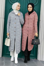 Neva Style - Cardigan en maille hijab rose séchée 70201GK - Thumbnail