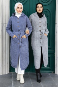 Neva Style - Cardigan en Tricot Hijab Bleu Indigo 70170IM - Thumbnail
