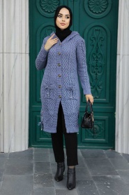 Neva Style - Cardigan en Tricot Hijab Bleu Indigo 70710IM - Thumbnail