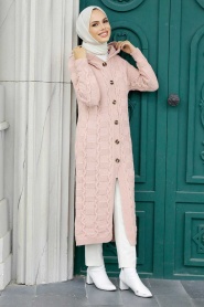 Neva Style - Cardigan en tricot hijab poudré 70201PD - Thumbnail