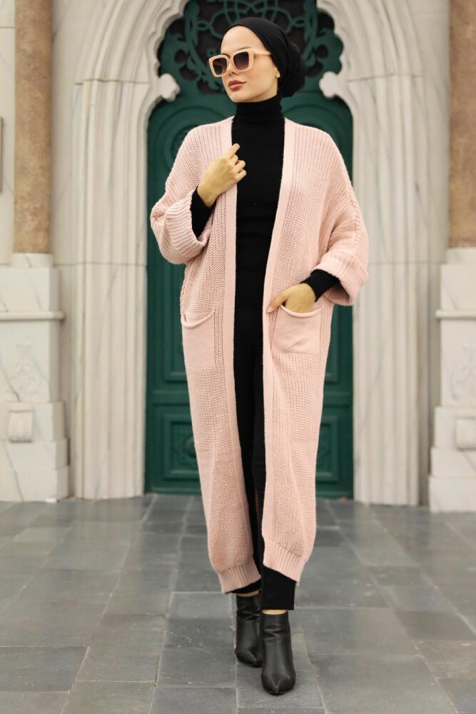 Neva Style - Cardigan en Tricot Hijab Poudre 4182PD - 2