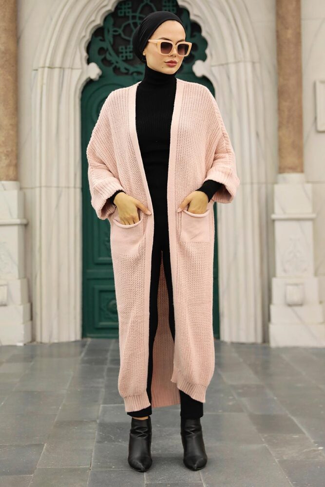 Neva Style - Cardigan en Tricot Hijab Poudre 4182PD - 1