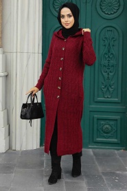 Neva Style - Cardigan en Tricot Hijab Rouge Bordeaux 70250BR - Thumbnail