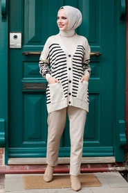 Neva Style - Cardigan Tricot Hijab Beige 2684BEJ - Thumbnail