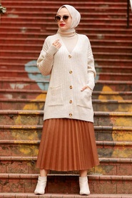 Neva Style - Cardigan Tricot Hijab Beige 7944BEJ - Thumbnail