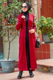 Neva Style -Cardigan Tricot Hijab Bordeaux 15725BR - Thumbnail