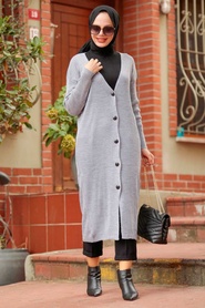 Neva Style - Cardigan Tricot Hijab Gris 23760GR - Thumbnail