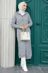 Neva Style - Cardigan Tricot Hijab Gris 70201GR - Thumbnail