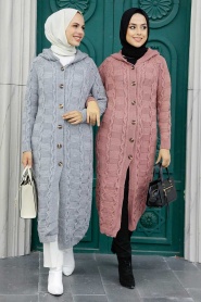 Neva Style - Cardigan Tricot Hijab Gris 70201GR - Thumbnail