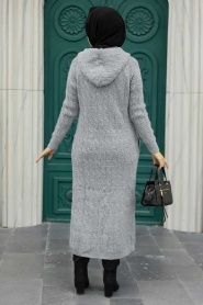 Neva Style - Cardigan Tricot Hijab Gris 70250GR - Thumbnail