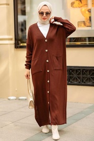 Neva Style - Cardigan Tricot Hijab Marron 33690KH - Thumbnail