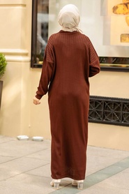 Neva Style - Cardigan Tricot Hijab Marron 33690KH - Thumbnail