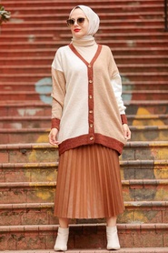 Neva Style -Cardigan Tricot Hijab Marron 7832KH - Thumbnail