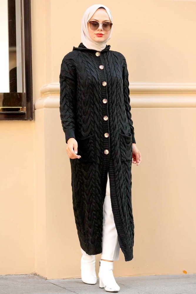 Neva Style - Cardigan Tricot Hijab Noir 5373S - 1