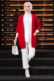 Neva Style - Cardigan Tricot Hijab Rouge 7904K - Thumbnail