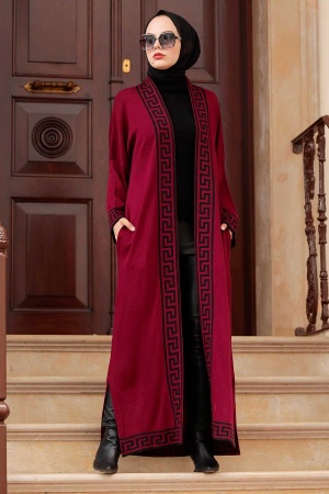 Neva Style - Cardigan Tricot Hijab Rouge Bordeaux 3049BR - 1