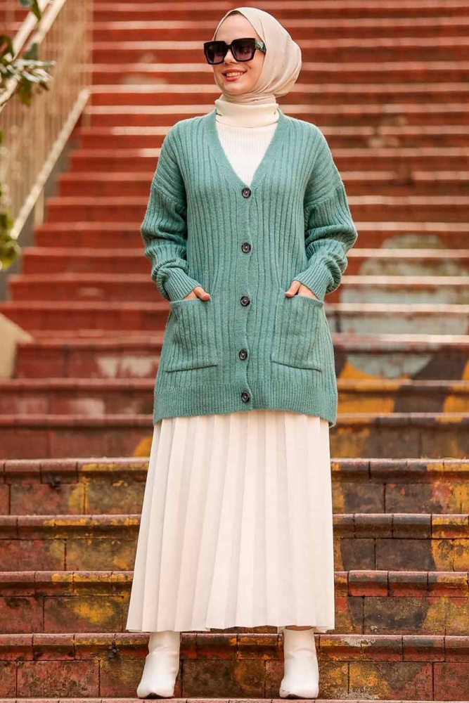 Neva Style -Cardigan Tricot Hijab Vert 7944CY - 1