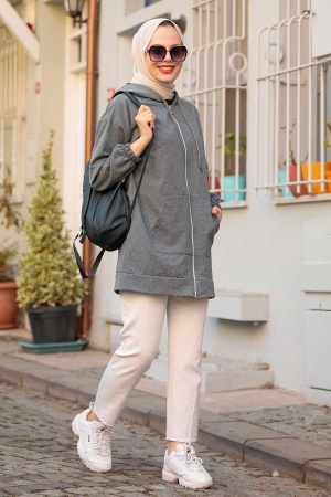 Neva Style - Casquette Hijab Fumée avec Fermeture à Glissière 3674FU - 1