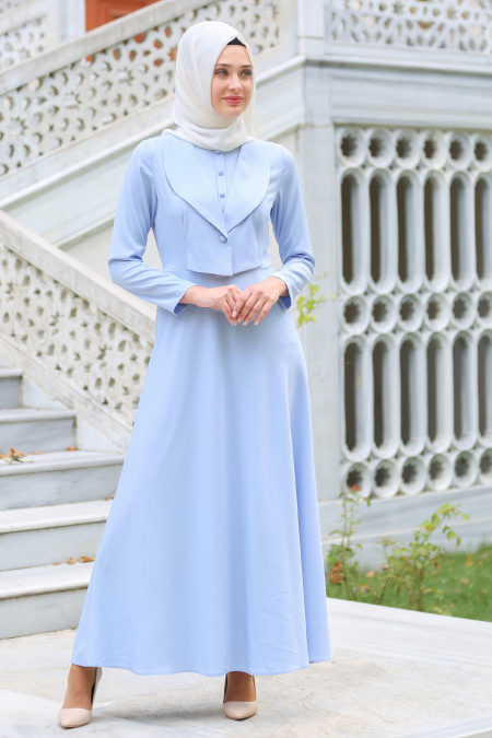 Neva Style - Ceket Görünümlü Bebek Mavisi Tesettür Elbise 41550BM