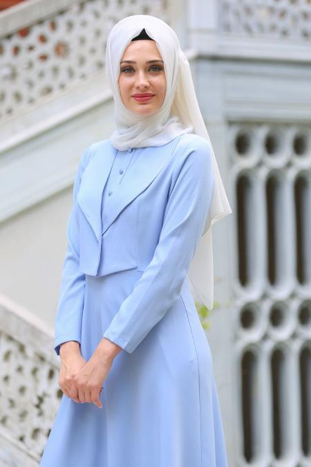 Neva Style - Ceket Görünümlü Bebek Mavisi Tesettür Elbise 41550BM - 2