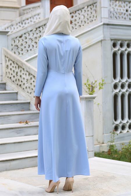 Neva Style - Ceket Görünümlü Bebek Mavisi Tesettür Elbise 41550BM - 3