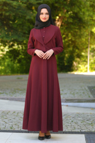 Neva Style - Ceket Görünümlü Bordo Tesettür Elbise 41550BR - Thumbnail