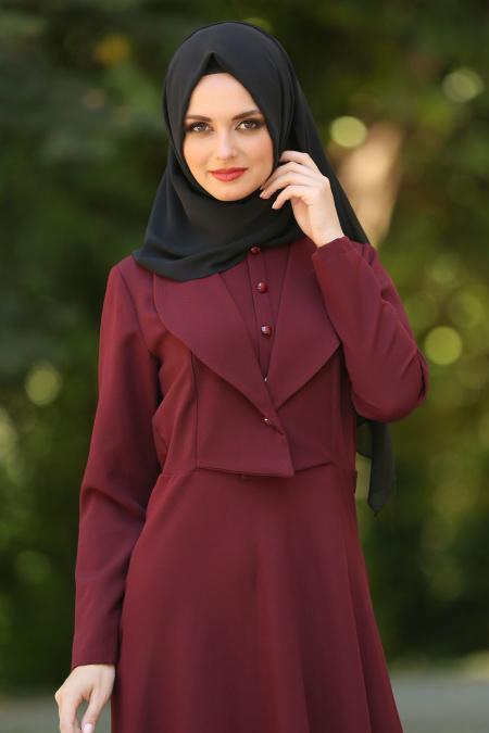 Neva Style - Ceket Görünümlü Bordo Tesettür Elbise 41550BR - 2