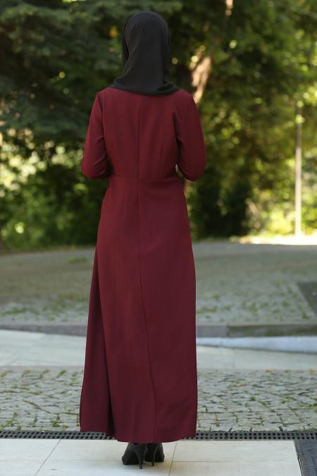 Neva Style - Ceket Görünümlü Bordo Tesettür Elbise 41550BR - 3