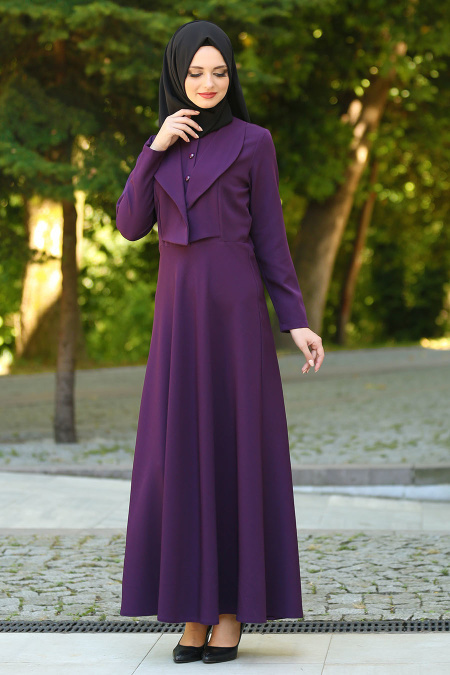 Neva Style - Ceket Görünümlü Mor Tesettür Elbise 41550MOR