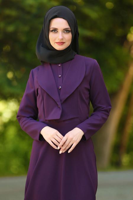 Neva Style - Ceket Görünümlü Mor Tesettür Elbise 41550MOR - 2