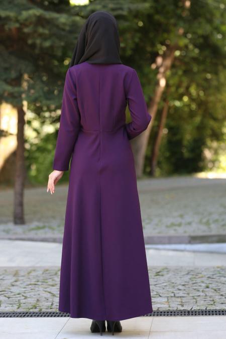 Neva Style - Ceket Görünümlü Mor Tesettür Elbise 41550MOR - 3