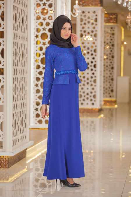 Neva Style - Ceket Görünümlü Sax Mavisi Tesettür Abiye Elbise 5360SX