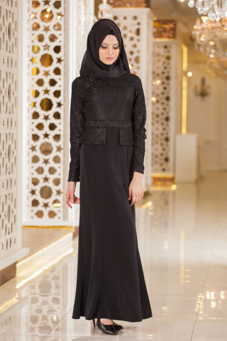 Neva Style - Ceket Görünümlü Siyah Tesettür Abiye Elbise 5360S