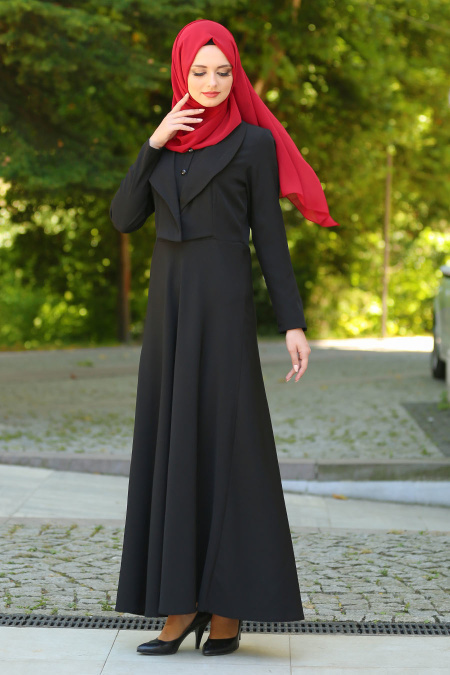 Neva Style - Ceket Görünümlü Siyah Tesettür Elbise 41550S
