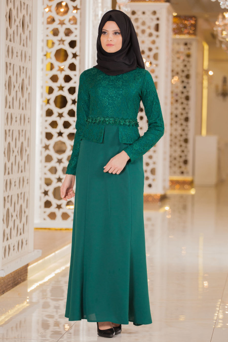 Neva Style - Ceket Görünümlü Yeşil Tesettür Abiye Elbise 5360Y