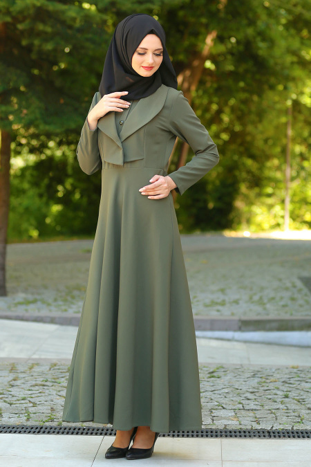 Neva Style - Ceket Görünümlü Yeşil Tesettür Elbise 41550Y