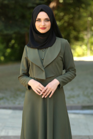 Neva Style - Ceket Görünümlü Yeşil Tesettür Elbise 41550Y - Thumbnail