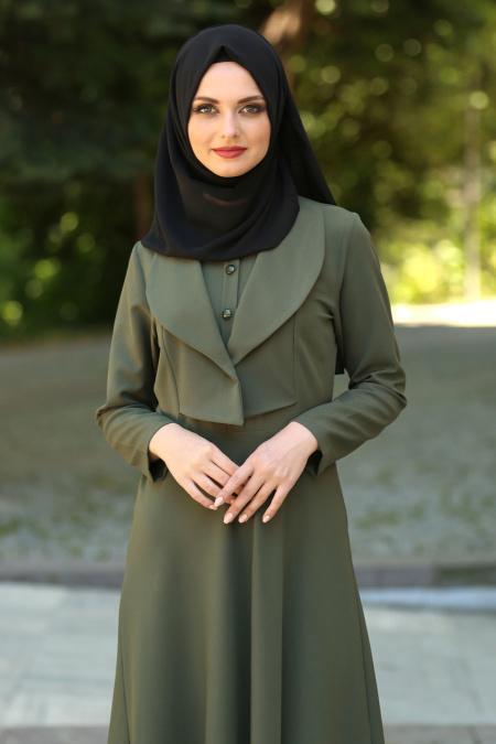 Neva Style - Ceket Görünümlü Yeşil Tesettür Elbise 41550Y - 2