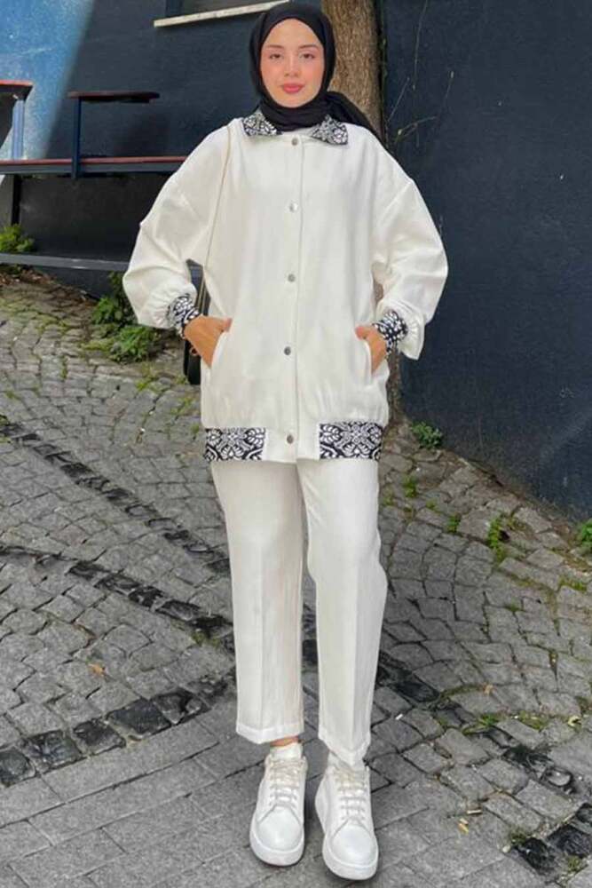Neva Style - Ceketli Ekru Tesettür İkili Takım 9307E - 1