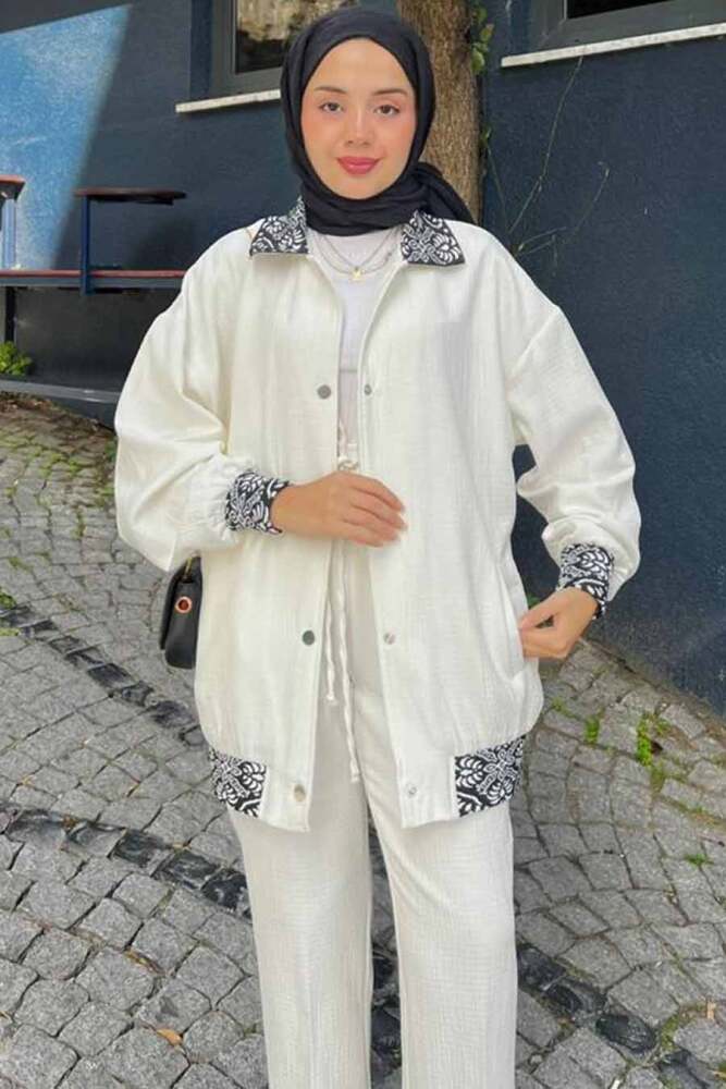 Neva Style - Ceketli Ekru Tesettür İkili Takım 9307E - 2