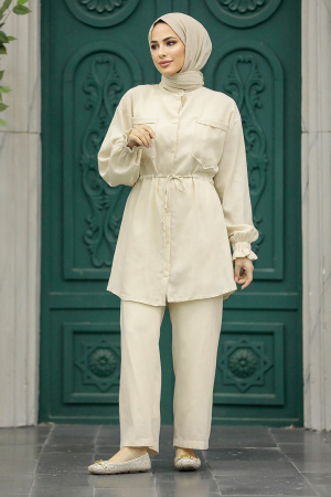 Neva Style - Cep Detaylı Bej Tesettür İkili Takım 5899BEJ - 3