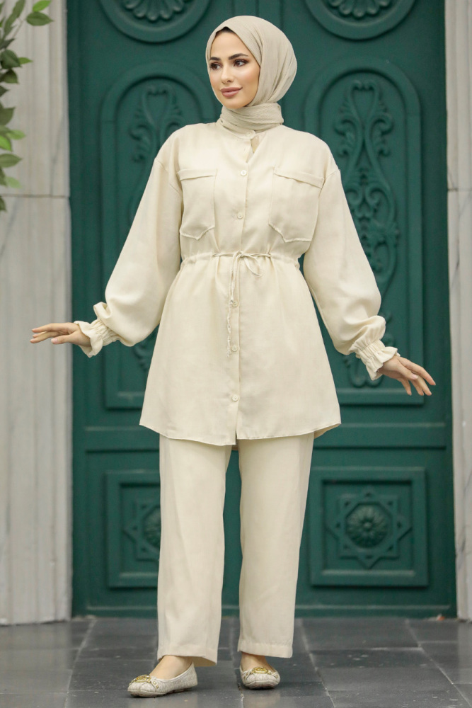 Neva Style - Cep Detaylı Bej Tesettür İkili Takım 5899BEJ - NEVA STYLE