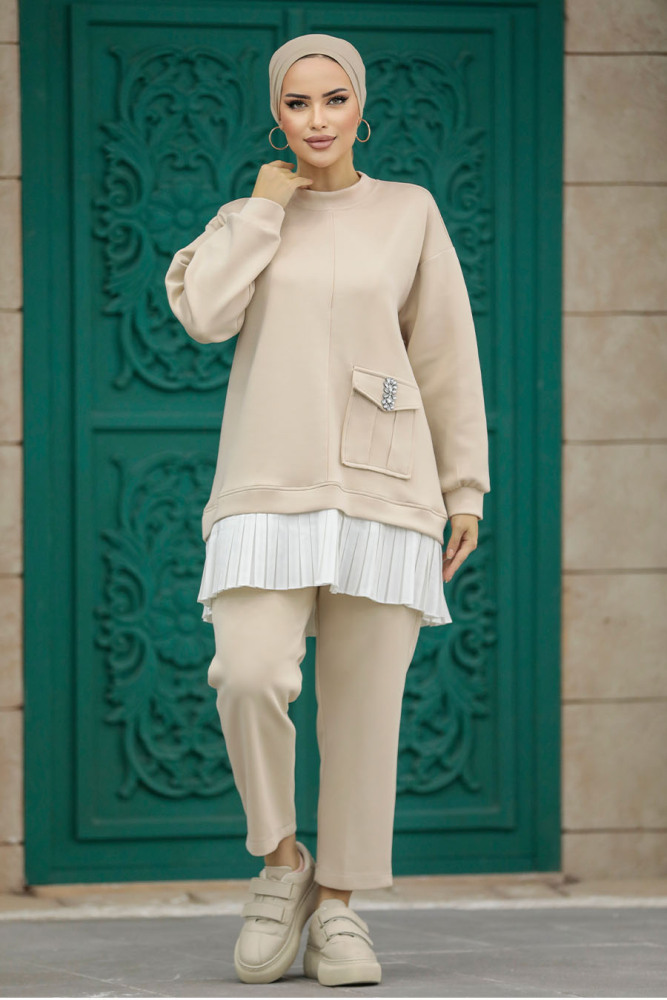 Neva Style - Cep Detaylı Bej Tesettür İkili Takım 7108BEJ - 2
